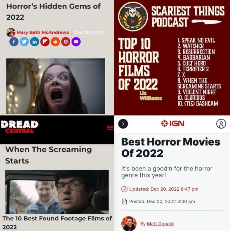 When the Screaming Starts (@whenscreaming) on Twitter photo 2022 has been a great year for us: festival awards, 100% Fresh on Rotten Tomatoes, releasing in the USA, Canada, UK & Ireland! We're delighted to round off the year in Top 10 lists at IGN, <a href="/DreadCentral/">Dread Central</a> & Scariest Things Podcast! Here's to 2023, may it be filled with Screaming!!! 2022 has been a great year for us: festival awards, 100% Fresh on Rotten Tomatoes, releasing in the USA, Canada, UK & Ireland! We're delighted to round off the year in Top 10 lists at IGN, <a href="/DreadCentral/">Dread Central</a> & Scariest Things Podcast! Here's to 2023, may it be filled with Screaming!!!