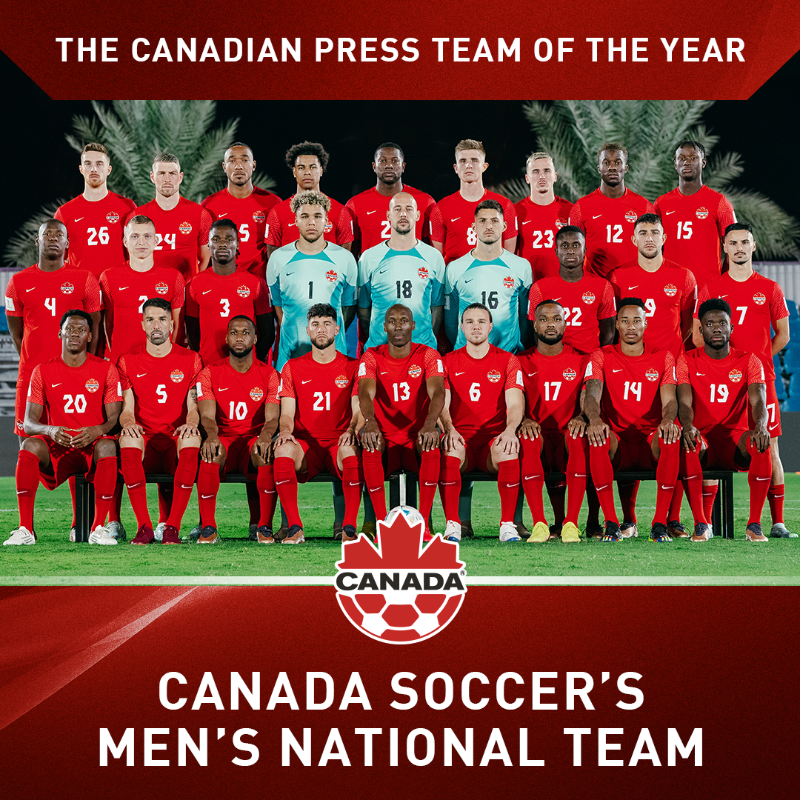 CanadaSoccerEN's tweet photo. Canada Soccer’s Men’s National Team named 2022 The Canadian Press Team of the Year 🍁

This marks the first time that soccer teams have won the award in back-to-back years (@CANWNT won in 2021).

#WeCAN