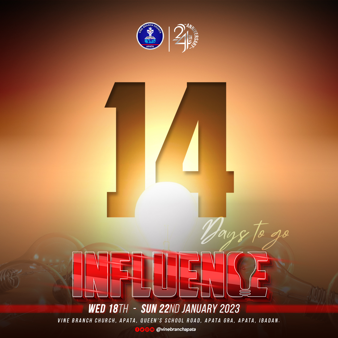 vinebranchapata's tweet photo. It's 14 days to INFLUENCE🔥🔥🔥

Be expectant!!!

#Influence #vinebranchchurch #vbcapata https://t.co/SWQwsBdhXV