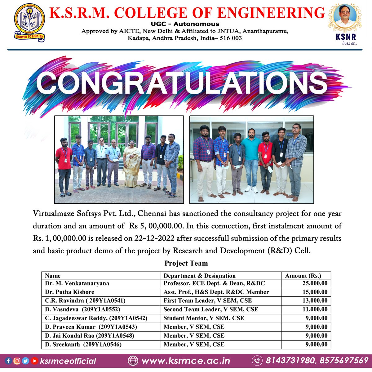 ksrmceofficial's tweet photo. Congratulations
#virtualmaze #virtualmazesoftsys #ai #artificialintelligence #aiml #ksrmrd #ksrmprojects #ksrm #ksrmce #kandulagroups #ksrmhs #engineering #kadapa #aicte #jntua #IntiativesofMHRD #ugc #iic https://t.co/OeAmC1ZEdU