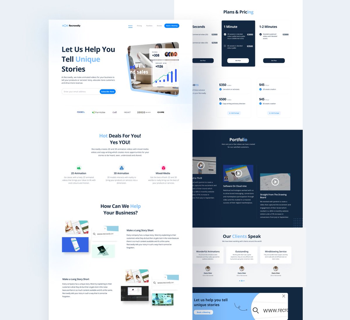 __heiresss's tweet photo. One of my many works this year🥹
I should learn to post my designs more often👩🏻‍💻

This is a redesign of Recrowdly Website, a digital animation studio that helps companies tell their stories through visual storytelling.

#UIUXDesigner #uidesign #Figma https://t.co/pEXrQsLB1U