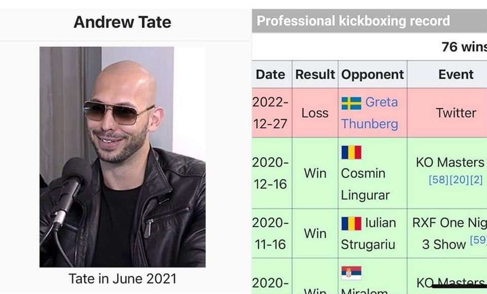 MerGarza's tweet photo. Alguien agregó al historial de kickboxing de Tate la pelea con Greta 😂 a su Wikipedia. https://t.co/0RJMArl2OT