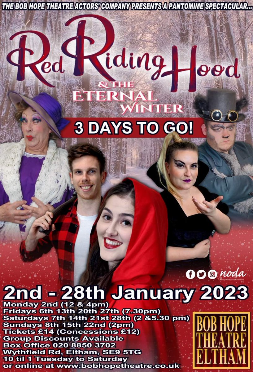 Post-Christmas Blues?  Come and see Red! Red Riding Hood and the Eternal Winter.
A fun-for-all-the-family pantomime. All-singing, all-dancing and all at a reasonable price.  Ticket availability posted below and just 3 days to go til opening day!
bobhopetheatre.co.uk/redriding.html
#Panto