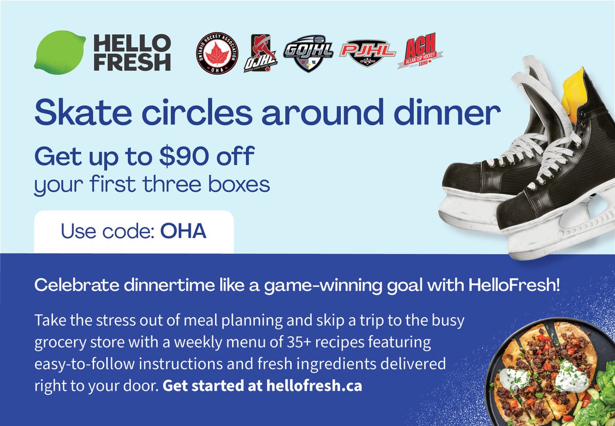 GOHLHockey's tweet photo. Attention GOJHL fans! Farm-fresh ingredients delivered to your door every week at the peak of their flavour and ripeness!
#hellofreshcanada https://t.co/p9tJW7SbVk