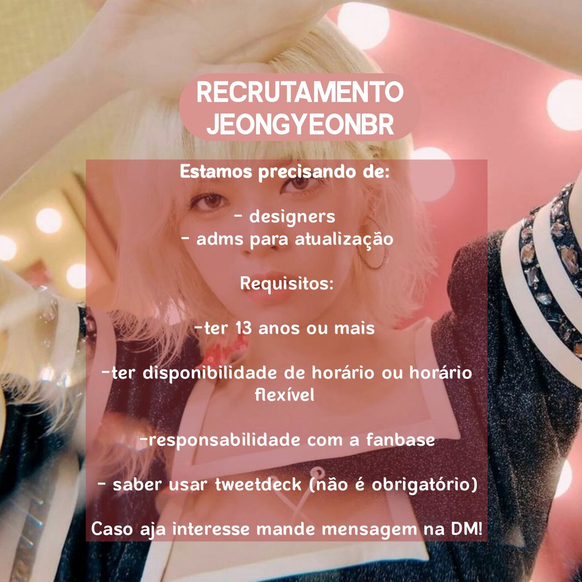 🚨 | A Jeongyeon Brasil está abrindo vagas para adm's !!! venha fazer parte da nossa equipe :) caso se interesse chame-nos na DM !

espero que participem 🤲💚