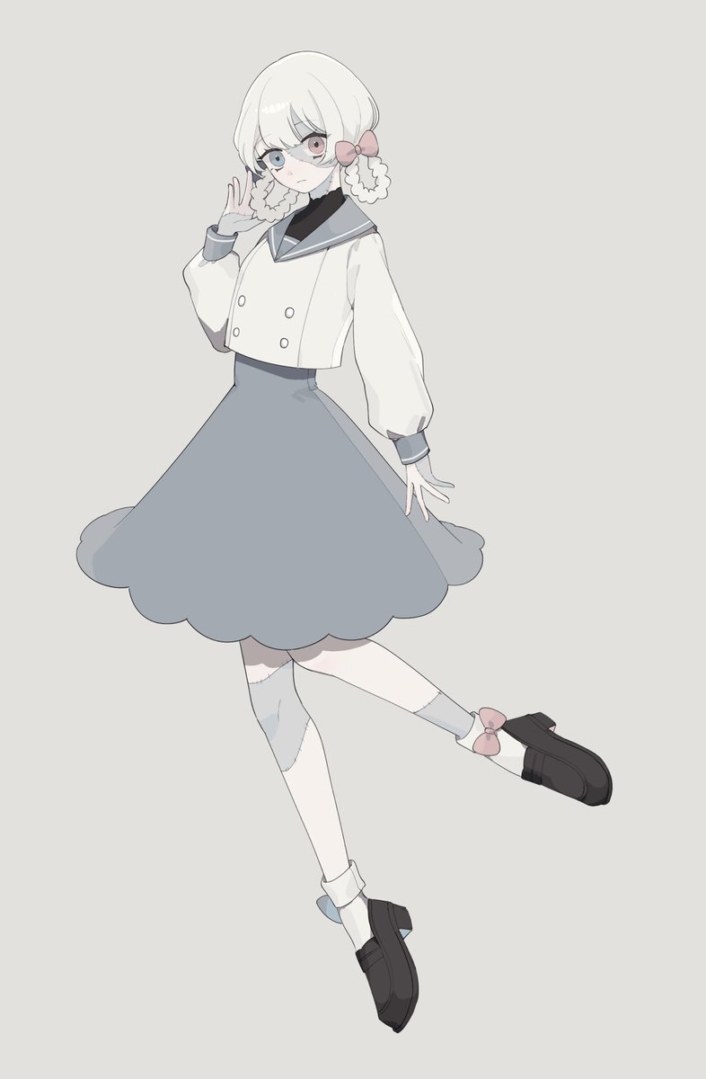 1girl solo heterochromia bow simple background black footwear full body  illustration images