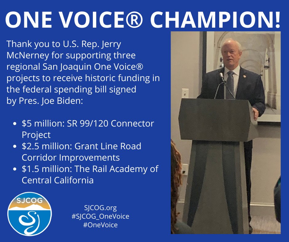 SJCOG's tweet image. Huge thank you to @RepMcNerney for tremendous support of #CommunityProjectFunding in the 2023 fed. #spendingbill signed by @POTUS #Biden for three vital #SJCOG_OneVoice projects in SJ County.