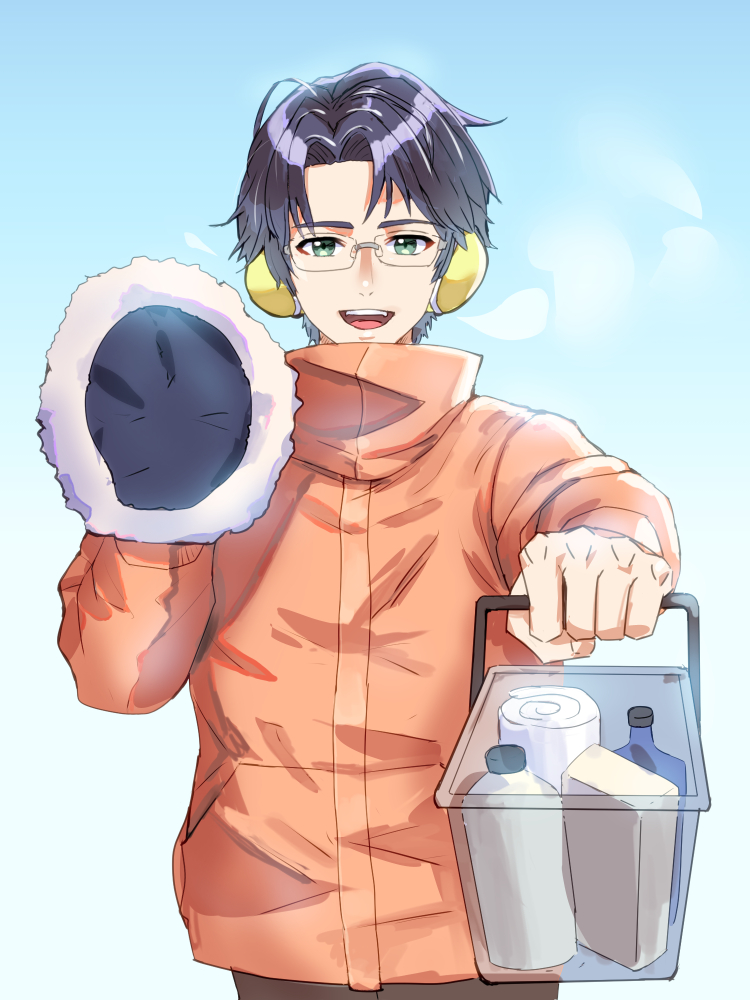 1boy male focus earmuffs glasses solo mittens green eyes  illustration images