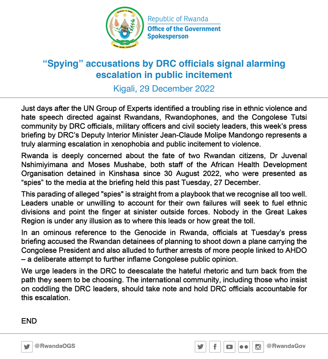 RwandaOGS's tweet photo. "SPYING" ACCUSATIONS BY DRC OFFICIALS SIGNAL ALARMING ESCALATION IN PUBLIC INCITEMENT

...This week’s press briefing by DRC’s Deputy Interior Minister Jean-Claude Molipe Mandongo represents a truly alarming escalation in xenophobia and public incitement to violence.
MORE: https://t.co/PNcag7AjJC