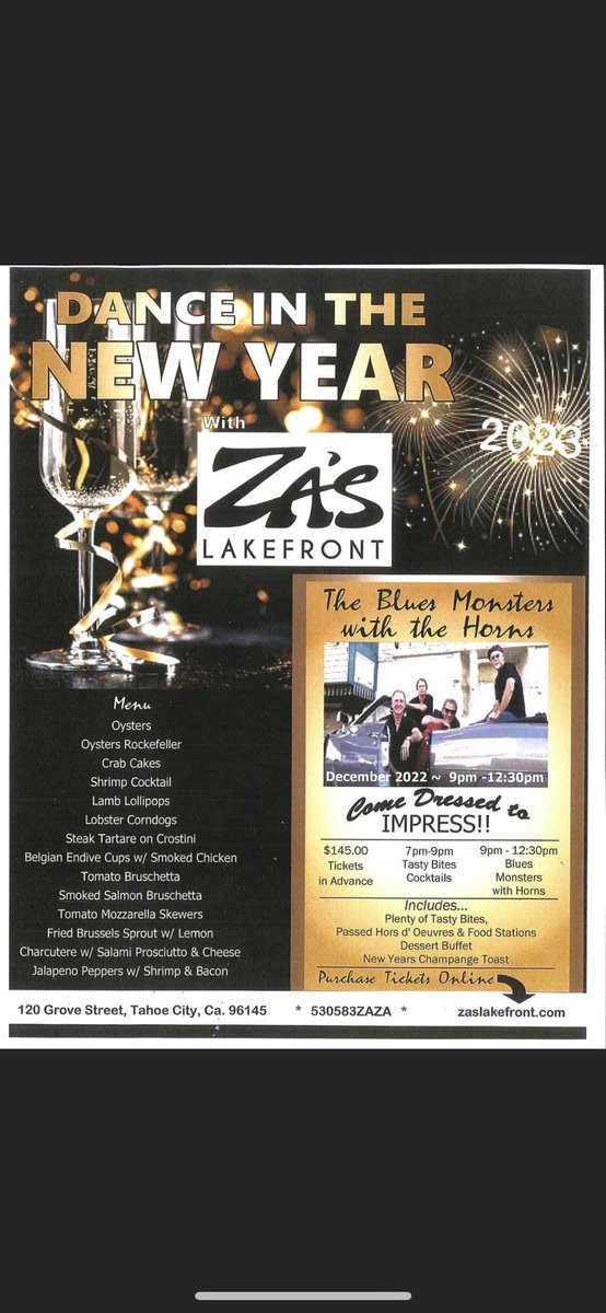 ZasLakefront's tweet photo. Join us at Za's Lakefront for New Years Eve! Great music with The Blues Monsters and friends, a large selection of Tasty Bites, bars upstairs and downtown and good friends! Tickets available at https://t.co/qb5xlsYzHw.
#zaslakefront #newyearseve #bluesmonsters #dance #party https://t.co/tVUm4QOh7c