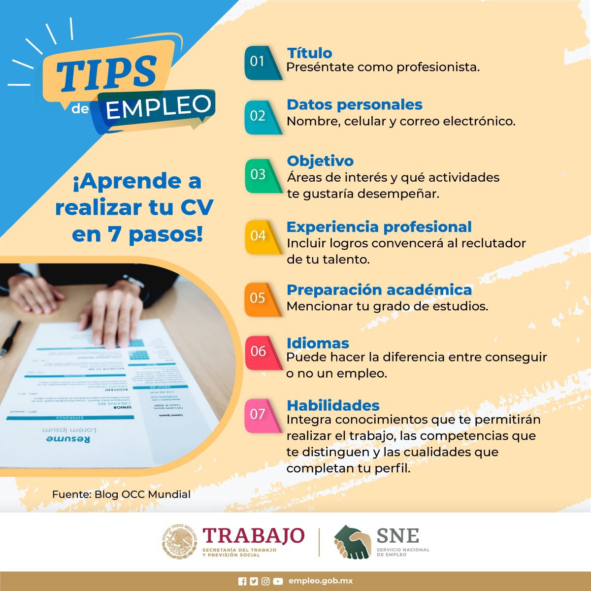 empleogob_mx's tweet photo. ✍️ Ya sea en versión online o escrita, es importante que adaptes estos 7 elementos a tu experiencia y conocimientos.

✅ El objetivo es construir un CV de valor y aumentar tus posibilidades de contratación. 

#TipsEmpleo #CV #Trabajo #SNE #EntrevistaLaboral https://t.co/cIufl9Z6YC