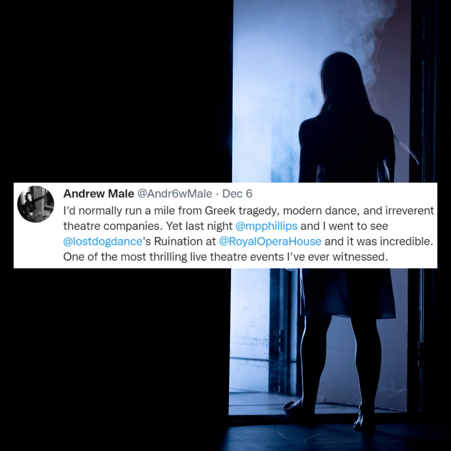 rbo_org's tweet photo. ⚡ 'One of the most thrilling live theatre events I've ever witnessed'

Tomorrow it's the final Ruination show from @lostdogdance.

It's been a smash hit! Here are just a few of your lovely comments about it...

If you came to see Ruination, what did you think?

#RoyalOperaHouse https://t.co/wPEkmA3w5o