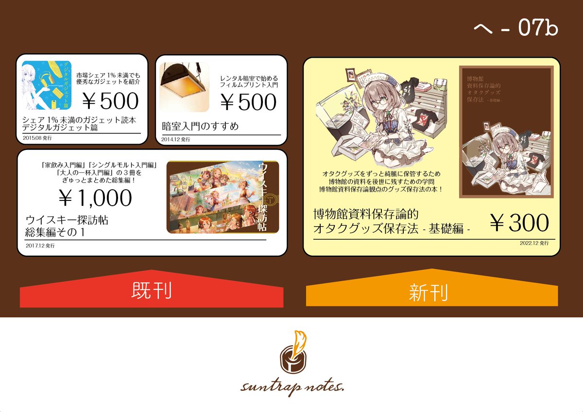 katsuyu_'s tweet photo. 【2日目へ07b suntrap notes.】
遅ればせながら本日のコミケのお品書きですー！ 久々に会場でウイスキー探訪帖の総集編を頒布できそうなので、新刊ともどもよろしくお願いします。#C101 #評論情報系同人誌告知 https://t.co/KF8D2ynV7d
