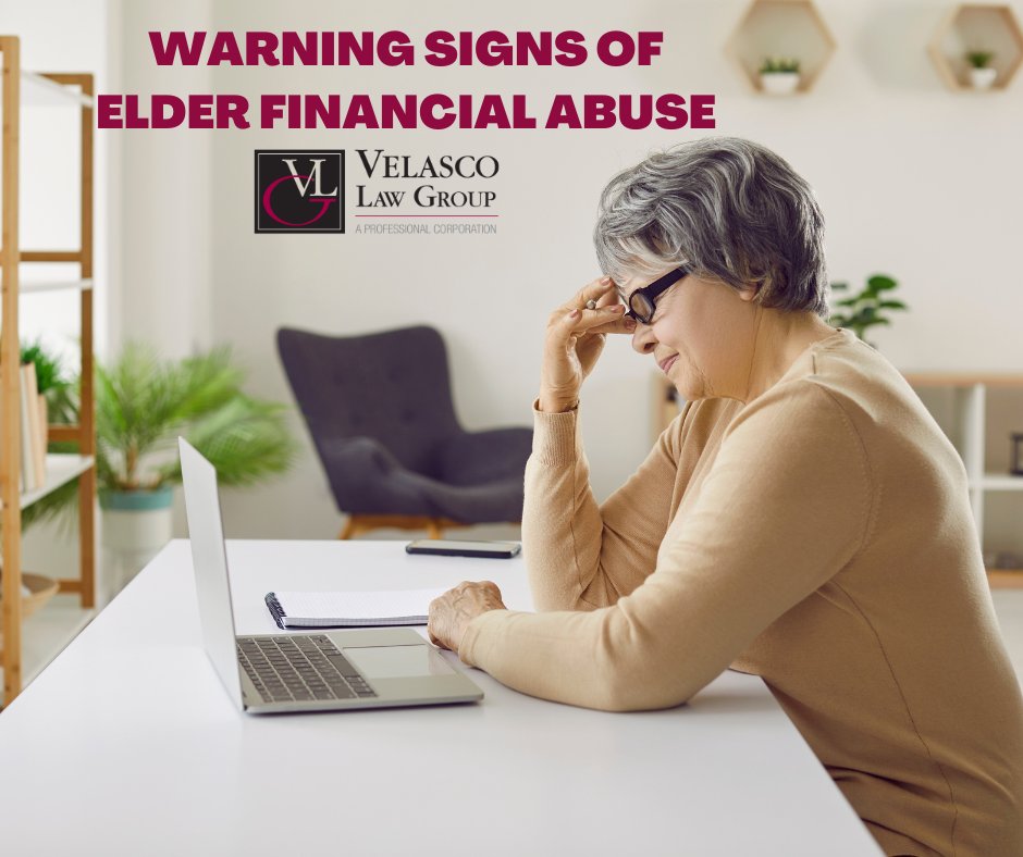 VelascoLawGroup's tweet photo. Warning signs of elder financial abuse include money unexpectedly missing from accounts, excessive credit card use, forged checks, unpaid bills, and more.

If any of these signs are present, it is essential to contact an attorney as soon as possible.

https://t.co/xyT0NJNN2H https://t.co/InEgDCIyKz