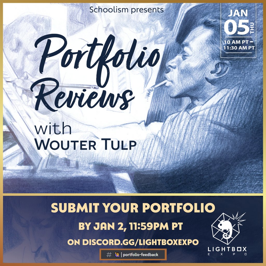 LIVE ONLY Portfolio Reviews with Wouter Tulp on Thursday, January 5 at 10am PT/ 1pm ET on the #LBXDiscord!

Want to have your portfolio reviewed by Schoolism instructor Wouter Tulp? Follow the instructions posted on Discord by visiting: discord.gg/hHASK4yEH8

-AR