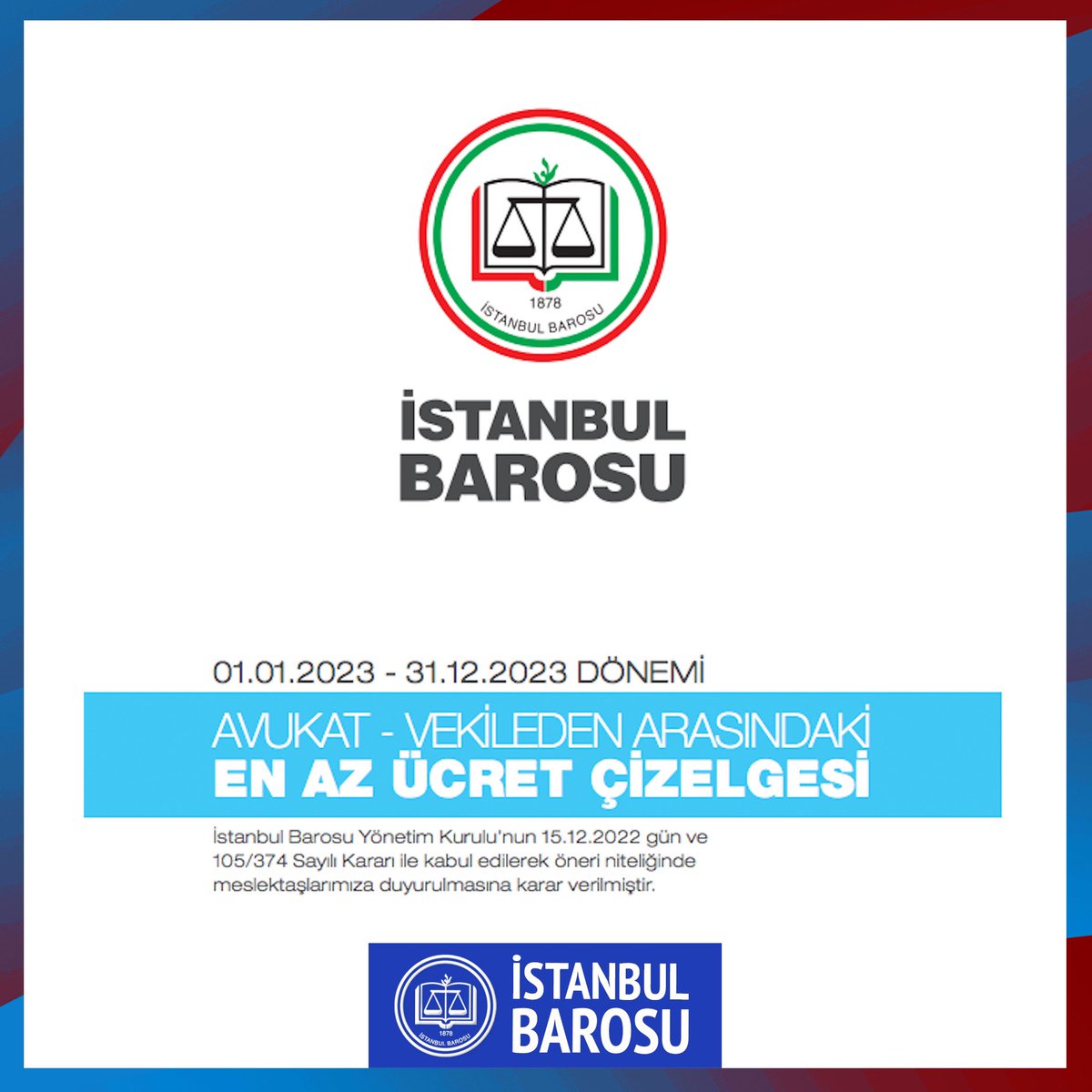 İstanbul Barosu 2023 yılı Avukat -Vekileden Arasındaki Tavsiye Niteliğindeki En Az Ücret Çizelgesi Yayınlandı istanbulbarosu.org.tr/HaberDetay.asp…