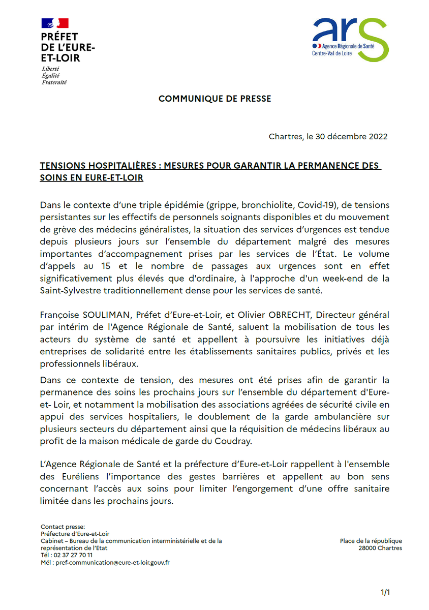 Prefet28's tweet photo. [COMMUNIQUÉ DE PRESSE] 🩺🚑
Au ➕ fort de cette période de tensions hospitalières et à l'approche du week-end de la Saint-Sylvestre, le @Prefet28 et l'#ARS prennent des mesures pour garantir la permanence soins en Eure-et-Loir.
Retrouvez l'ensemble des mesures prises ici ⤵ https://t.co/SSi1OUcLMO