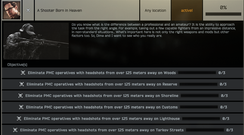 LogicaISoIution's tweet photo. #EscapeFromTarkov **SHOOTER BORN IN HEAVEN**

What's that on the bottom of the list.... Shooter Born in Heaven now requires 3x Headshots at 125m+ on STREETS of TARKOV.

Happy Shooting folks! https://t.co/0QX0XOjAWF