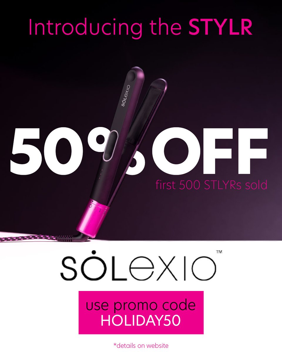 SolexioHair's tweet photo. Be the first 500 to get the new SOLEXIO STYLR at an unbeatable price. Enter HOLIDAY50 when checking out and get a salon-quality styler for 50%. The sale won’t last long so get yours today.  Visit https://t.co/1JeIx0YlGD

#solexiohair #solexio  #flatiron  #straightener https://t.co/ftm4LMEHJe