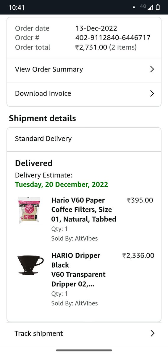 LamaRijul's tweet photo. @amazon @AmazonHelp @amazonIN @JeffBezos reg. order no.  402-9112840-6446717-havent received 1 item yet but shows that it has been delivered. One item-HARIO black V60 pending. After the investigation they said that u have got both items, denying refund/product. https://t.co/wsFf6xueeY