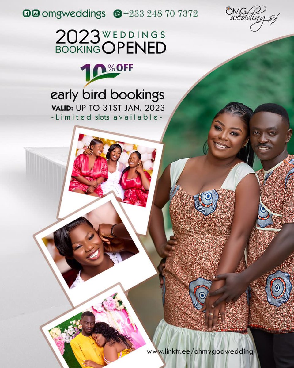 od_tio's tweet photo. 🔔WEDDING BOOKINGS 2023 OPENED 🔔

10% discount off for early booking couples. Limited slots available 

Tell a friend to tell a friend 
♻️: Kindly share 

Booking &amp; Enquiry: 👇 
https://t.co/pMgm6BsSmX

Kindly Retweet/like🫱🏾‍🫲🏿 https://t.co/65f9GRXIpZ