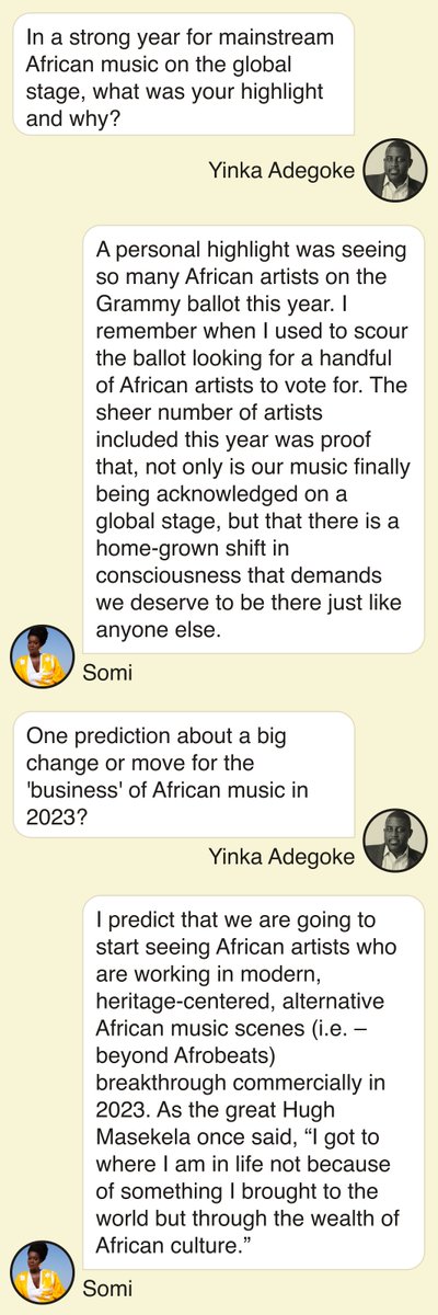 YinkaWrites's tweet photo. We were excited to have
#OneGoodText with @somimusic, the only African woman ever nominated for a jazz Grammy award to ask about the future of African music.
Also ❤️ the quote from her mentor, the late great Hugh Masakela. https://t.co/SP5MV3jr5O
