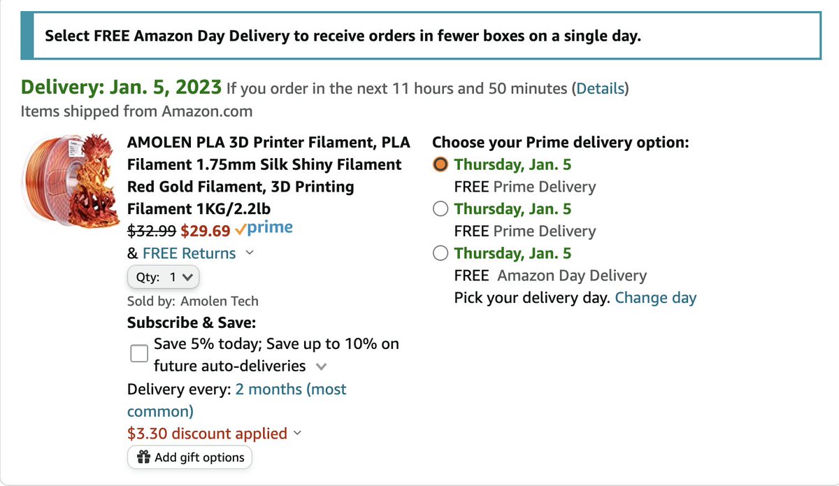 joshmyers84's tweet photo. I am glad amazon is giving me a choice of what day to get my item... I guess I'll go for Thursday, January 5th! Seems like a decent option, le sigh. #3dPrinting #3dPrint #3DbyJosh #Josh3D https://t.co/DNkFs7QAF6