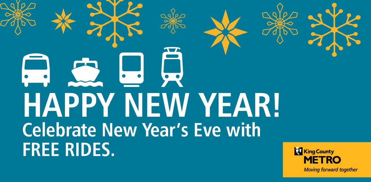 KingCountyMetro's tweet photo. Don’t worry about driving after your night on the town on New Year’s Eve. Leave the driving to Metro and our regional partners @SoundTransit @MyCommTrans and ride for free on NYE! https://t.co/WMckQpxxGe https://t.co/6DI7VS9nWK