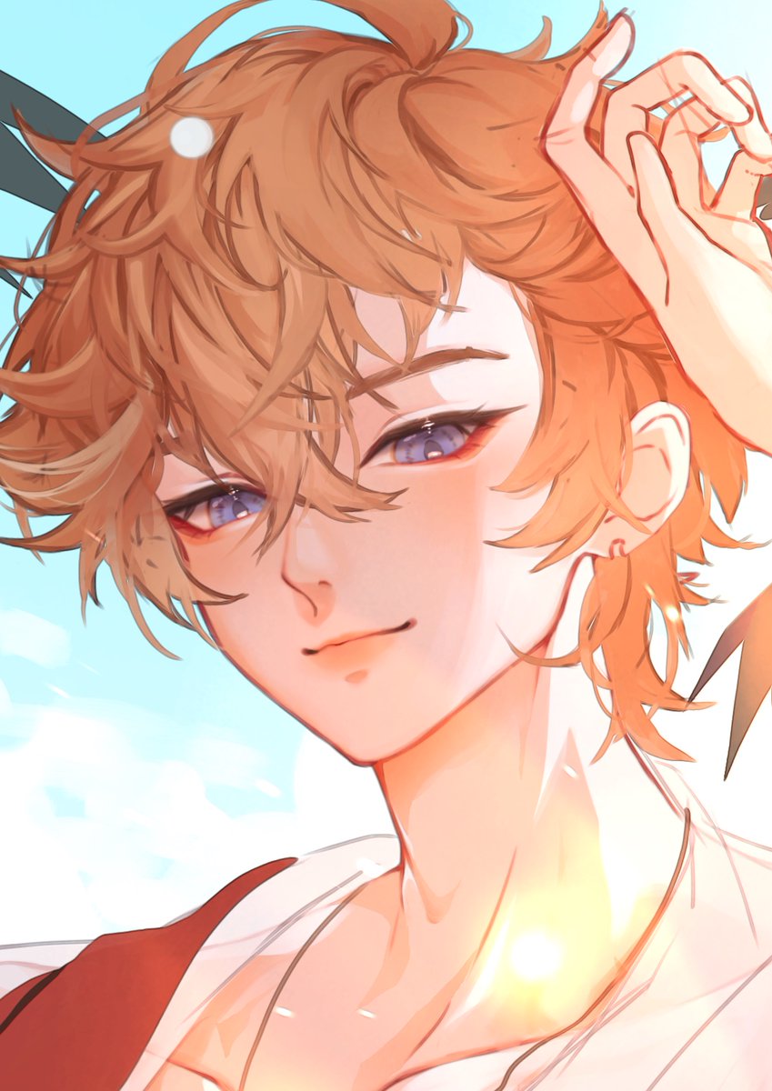 tartaglia (genshin impact) 1boy male focus blue eyes solo bangs hair between eyes orange hair  illustration images