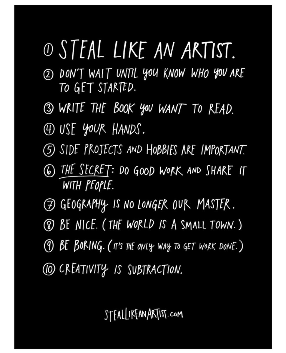 Sanmithasree_'s tweet photo. @austinkleon you really showed me a path to choose. I just want to express how much I inspired by your work. With your great piece of theft, I'll start my stealing. 
#steallikeanartist 
#austinkleon https://t.co/5LzrMiSDHp