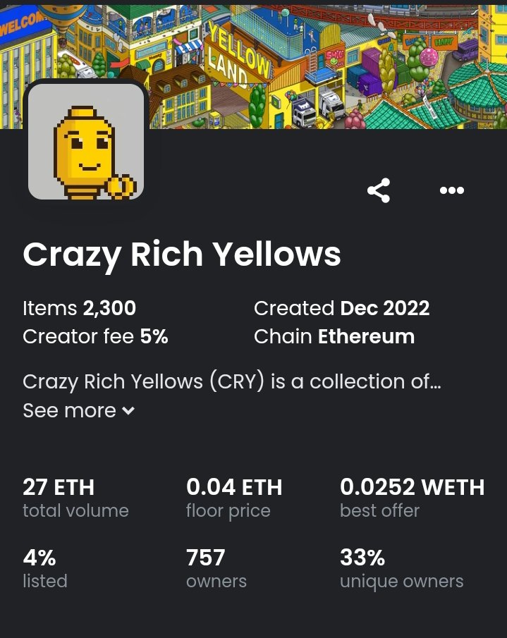 ChelsJadeEth's tweet photo. Crazy Rich Yellows (CRY) is a collection of 2,300 unique Yellows – digital collectibles on the Ethereum blockchain. The purpose of Crazy Rich Yellows (CRY) is to establish a Web3 nation named “Yellowland”

https://t.co/SToXmgv2i0 https://t.co/BHgsbIKEGc
