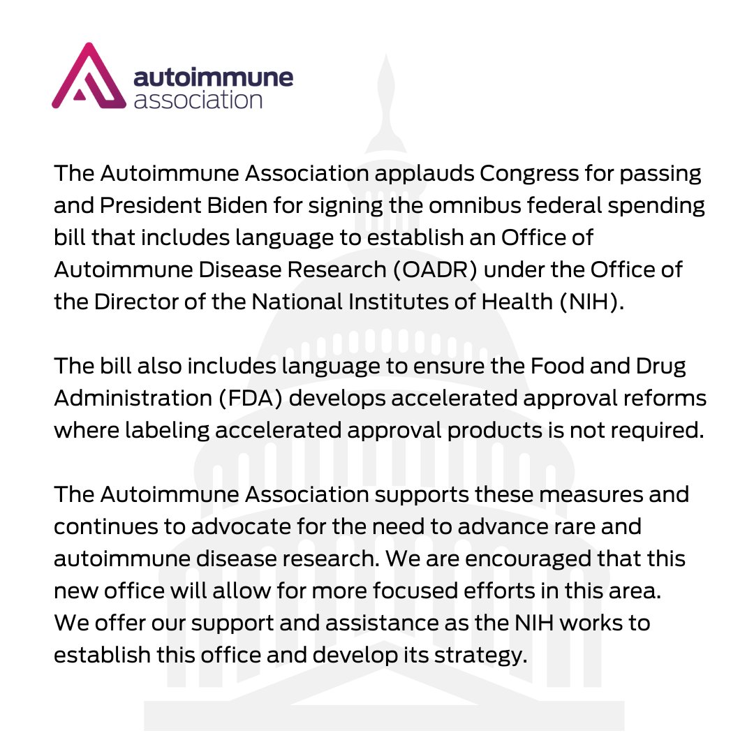 AutoimmuneAssoc's tweet photo. BREAKING NEWS: President Biden signs legislation that includes language to establish an Office of Autoimmune Disease Research (OADR) within the National Institutes of Health (NIH). https://t.co/QYo1gfBKba