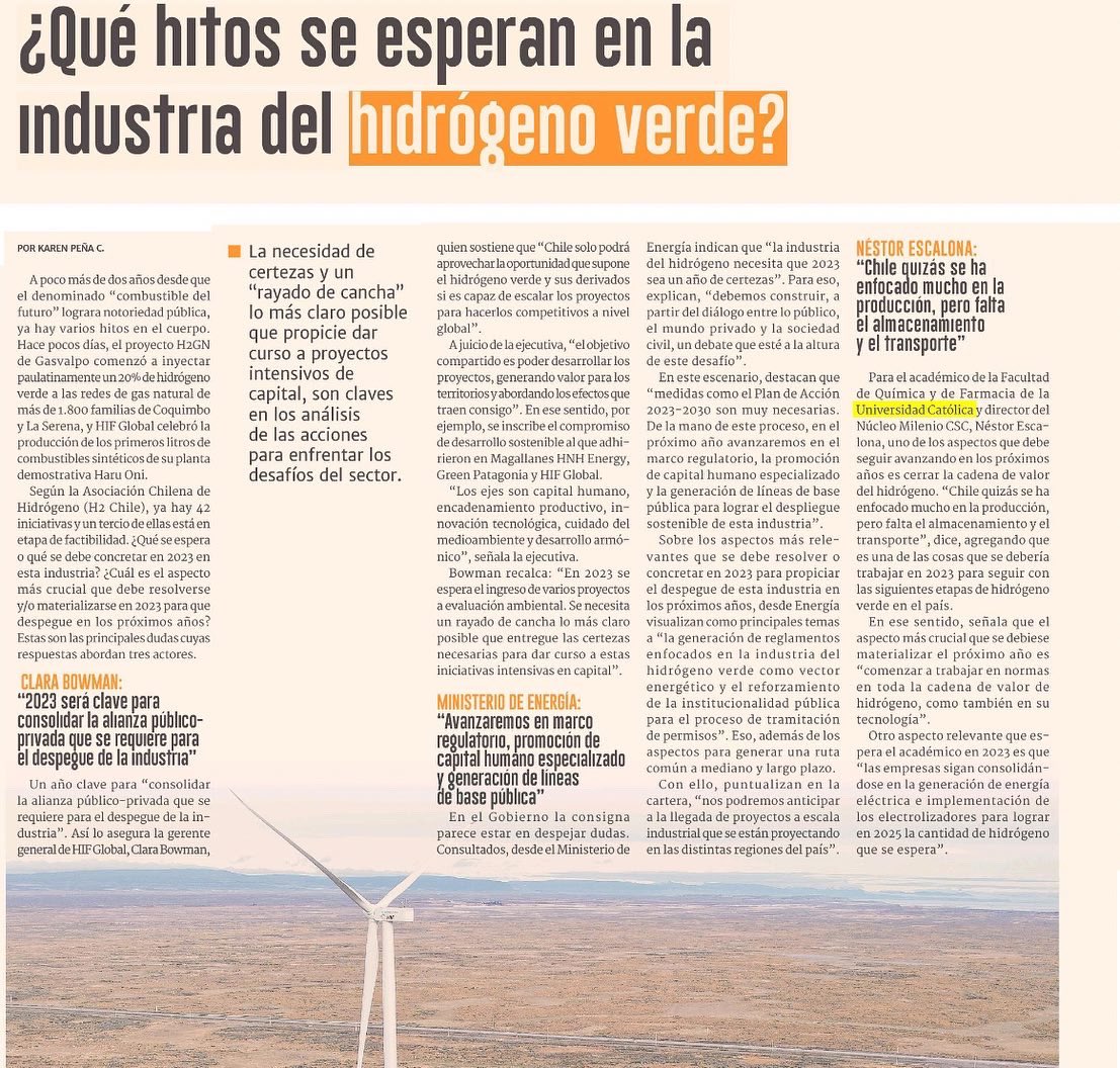 CscNucleo's tweet photo. [HILO 🧵] ¿Qué hitos se esperan en la industria del hidrógeno verde en 2023? En una nota de @DiarioFchile, nuestro director y académico de @ucatolica, Néstor Escalona, indica que uno de los aspectos en el que se debe seguir avanzando es cerrar la cadena de valor del hidrógeno. https://t.co/ZT7CQ9NhM6
