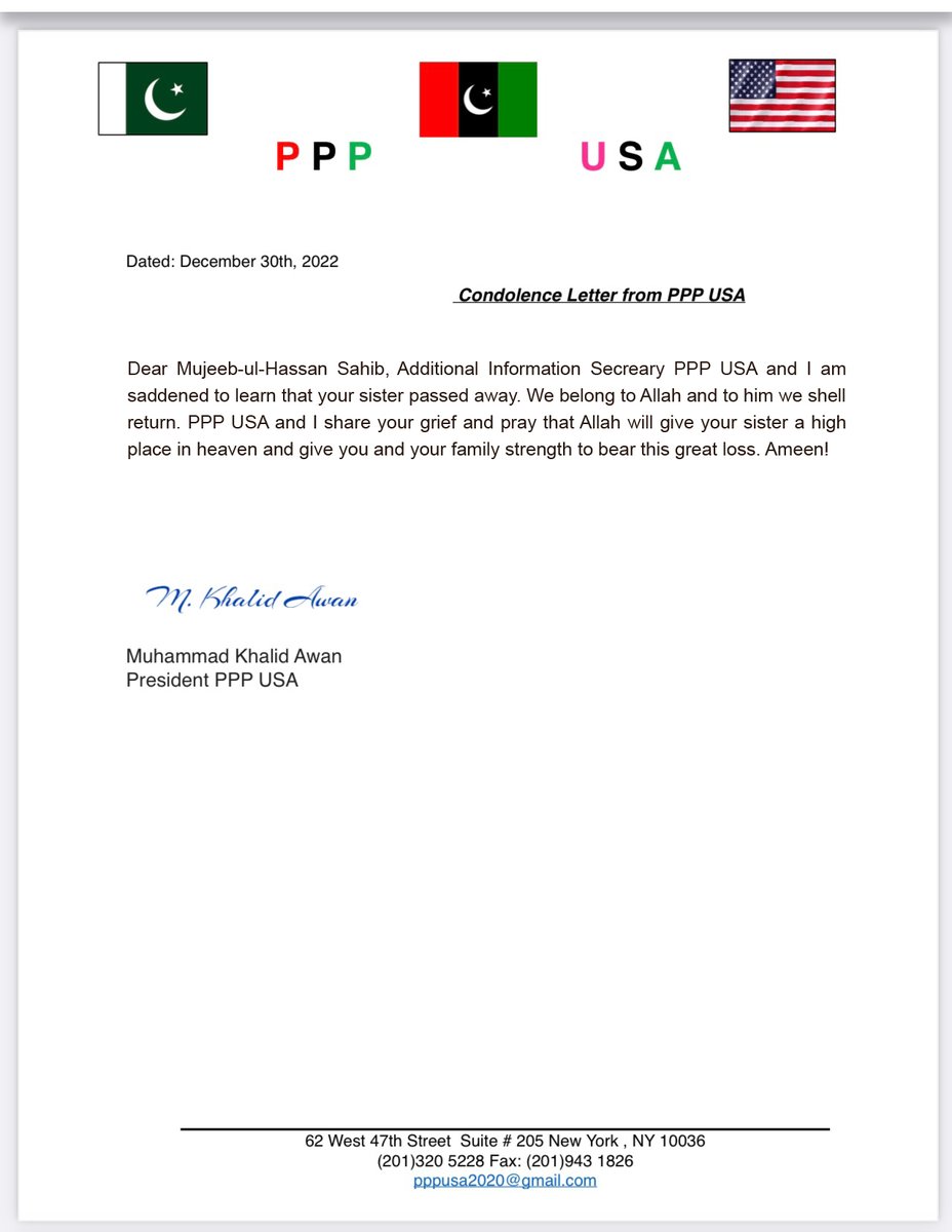 PPPUSA_Org's tweet photo. #PPPUSA President @khalidawan314 expressed his deep sorrow &amp; grief over the death of the sister of Additional #InformationSecretary  #Mujeeb_ul_Hassan &amp; prayed for the repose of the deceased and granted patience to the family. 
 
@BBhuttoZardari @MediaCellPPP @SurendarValasai https://t.co/4nkIIegvS9