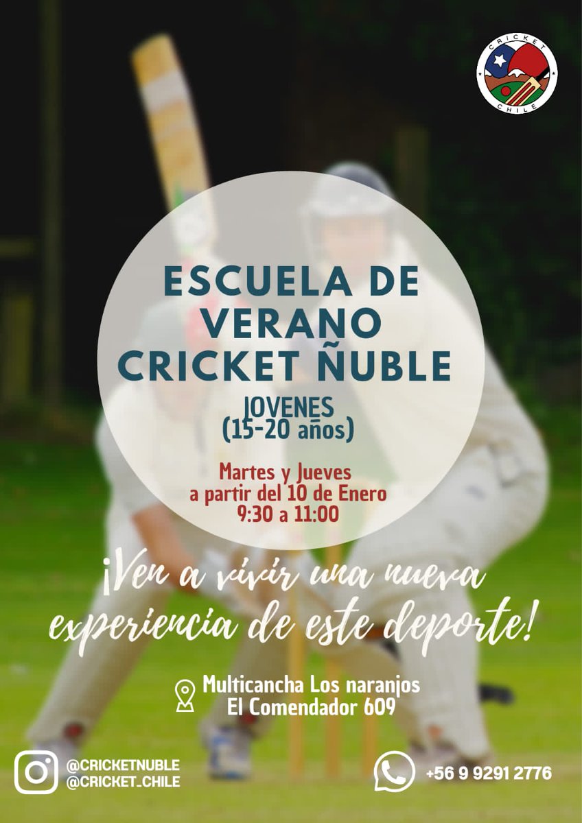 ¡Activamos de nuevo el modo coach!💪

¿No sabes que hacer este verano? ¿Quieres aprender algo nuevo? Esta es una excelente oportunidad para hacer algo nuevo🏏❤️

Si estás interesado o tienes alguna duda, nuestros datos están en la imagen 😁

#Chillán #ChillánViejo #Deportes