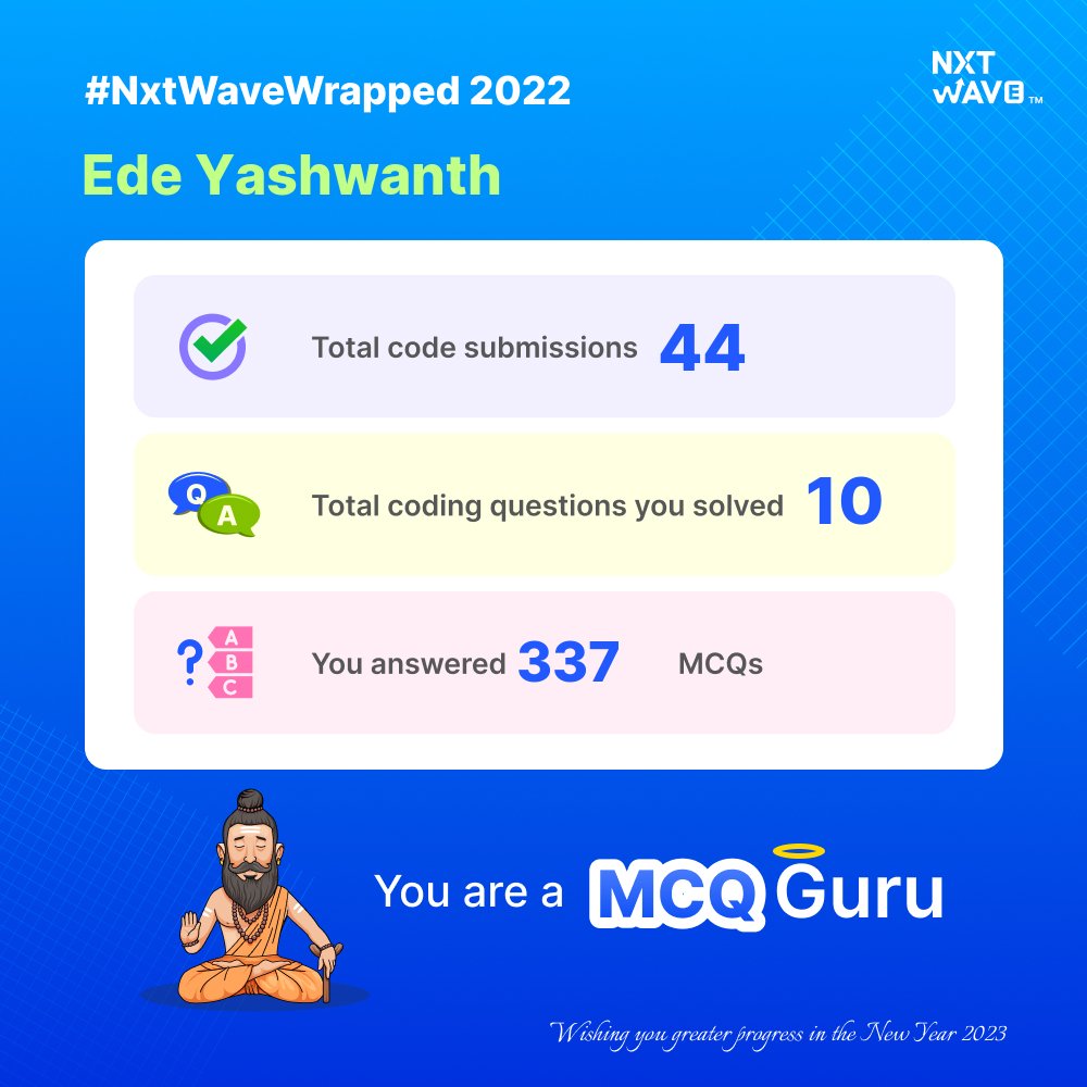 e_yashwaanth's tweet image. Hey there, folks!
Greetings for the new year 2023 to all in advance. Here's a summary with CCBP 4.0 this year. From  things I've learned from CCBP 4.0,I've been able to add a lot to my skill Looking forward to building many more skills in 2023.

#nxtwavewrap #ccbp4 #rahulattuluri