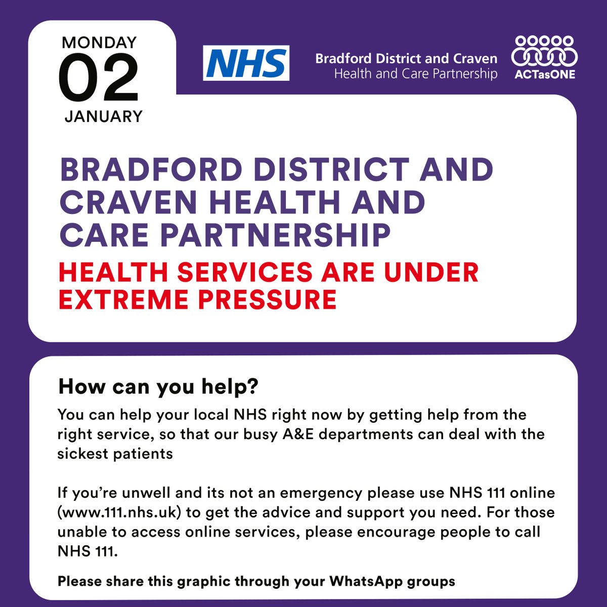 We need your help! Our healthcare services are under extreme pressure. Only come to A&E if it is a genuine life/limb-threatening emergency so we can care for our sickest patients. @WYAAT_Hospitals @BTMOrg @AiredaleNHSFT @BTHFT @BDCFT @Mel_Pickup @FolukeAjayiNHS @kersten_england