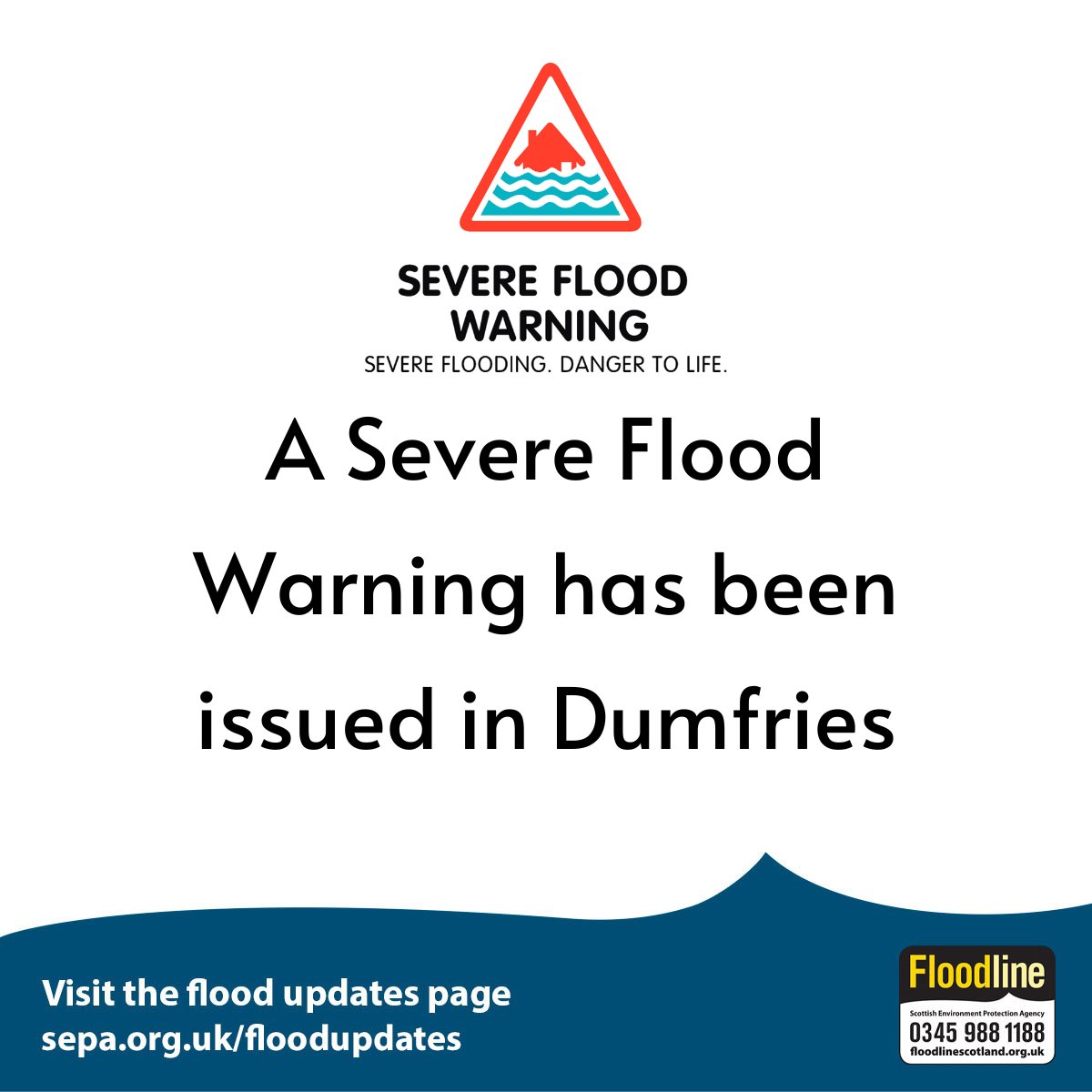 SEPAFlood's tweet photo. A Severe Flood Warning has been issued for the River Nith in Dumfries. This is the highest level of flood risk and the impacts on people and property could be significant. Communities are urged to follow advice from emergency services. 

Stay up to date 👉 https://t.co/WoujcrqBtB https://t.co/N6wShXlsqv