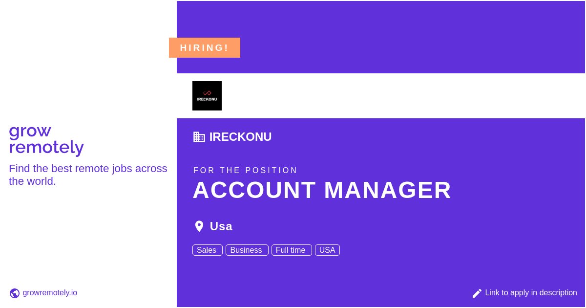 Check out this job at IRECKONU for the position Account Manager.

 Apply link: growremotely.io/?id=63ae2d98fb…

#hiring #remotejobs #IRECKONU #SalesandMarketing