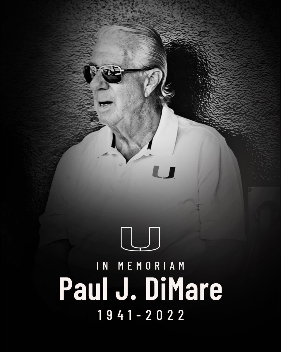 MiamiHurricanes's tweet photo. We’re incredibly saddened to learn of the passing of Paul J. DiMare. Our thoughts and condolences are with Gino and the DiMare family. https://t.co/WQPHA7oDfj