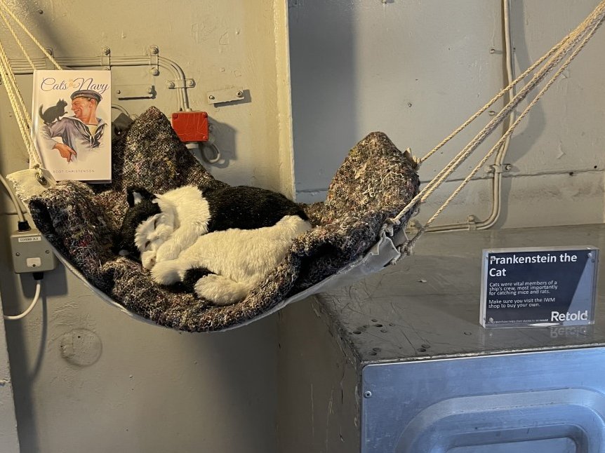 If you ever have the chance to tour the museum ship HMS Belfast in London, be sure to look for the exhibit dedicated to the ship's cat. There is now a plush cat in the hammock that once belonged to "Frankenstein" during WWII. #CatsOfTwitter