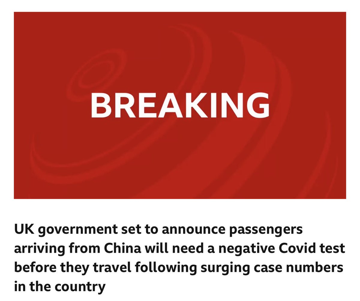 UK set to follow other nations in requiring a negative COVID test for those arriving from China. This follows “surging case numbers in the country”. @BBCNews