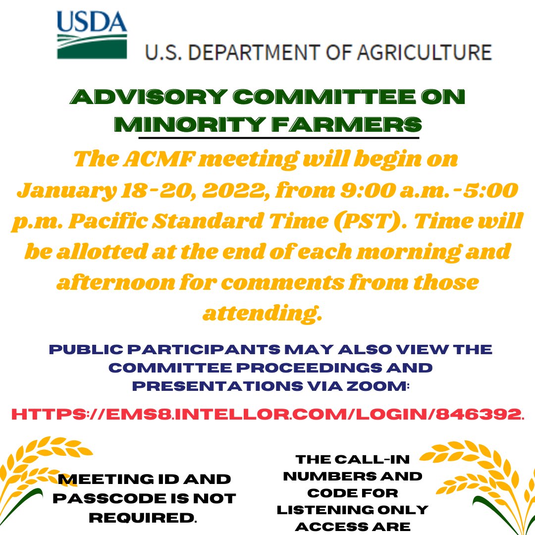 The committee works in the interest of the public to ensure socially disadvantaged farmers have equal access to USDA programs.  Visit govinfo.gov/app/details/FR… for more information.