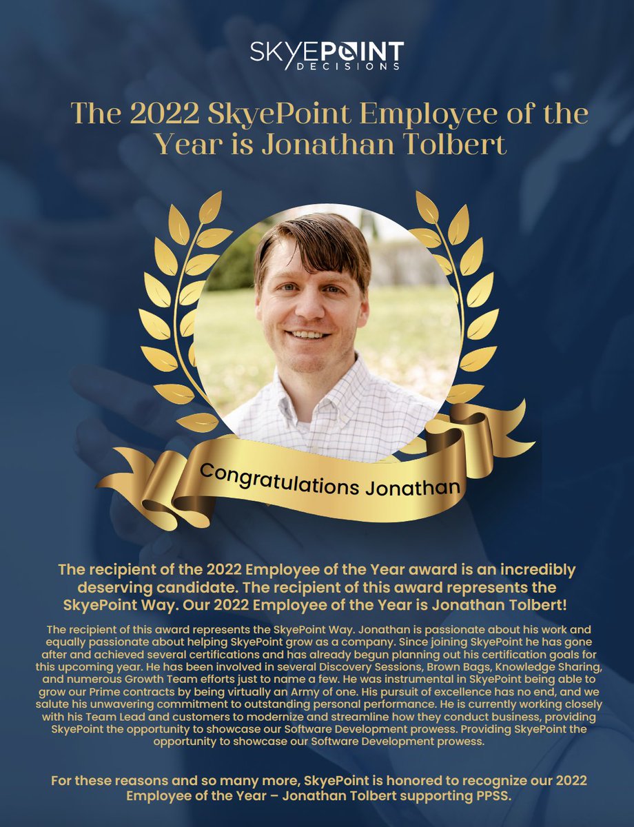 Let's congratulate #SkyePoint's Employee of the Year Jonathan Tolbert for supporting PPSS! He is an incredibly deserving candidate and represents the SkyePoint Way! He is passionate about his work and also about helping SkyePoint grow.

#TeamSkyePoint #EmployeeoftheYear #Awards