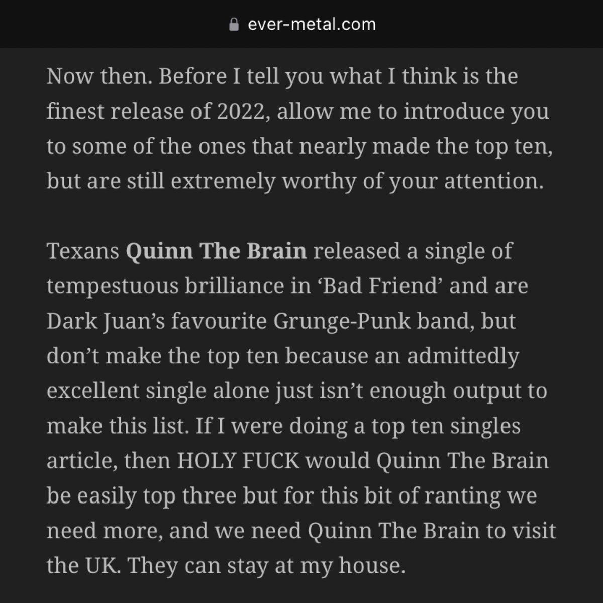 QuinntheBrainTX's tweet photo. Bad Friend got an honorable mention on Dark Juan’s Top Ten Releases of 2022 💖 And we definitely agree that we need to visit the UK 😉 Thank you @DarkThetrue and @EverMetaluk for including us in your article! What a great way to end the year 😊

Full article in bio! 💗 https://t.co/r0CiqzmYKD