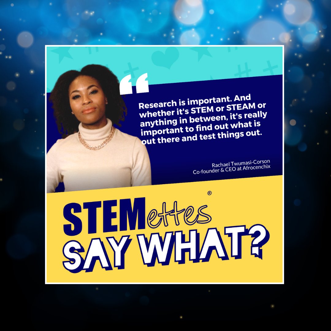 Catch up with 'Stemettes Say What?' over the holidays 🎄 Find Episode 6 w/ Rachael Twumasi-Corson @RaeCorson CEO of @Afrocenchix filling us in on the life of an entrepreneur here: 🔗 stemettes.org/podcast/ Happy Listening 🎧 #StemettesSayWhat #WomenInSTEM