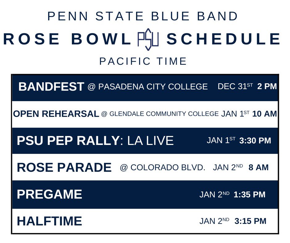 #WeAre traveling to Pasadena tomorrow and would love to see our #BlueBandFamily during our time in California 🌹 

Here is the schedule of all events we will be performing at, as well as an open-rehearsal at Glendale Community College. We hope to see you there! ✨

#BlueBandHype