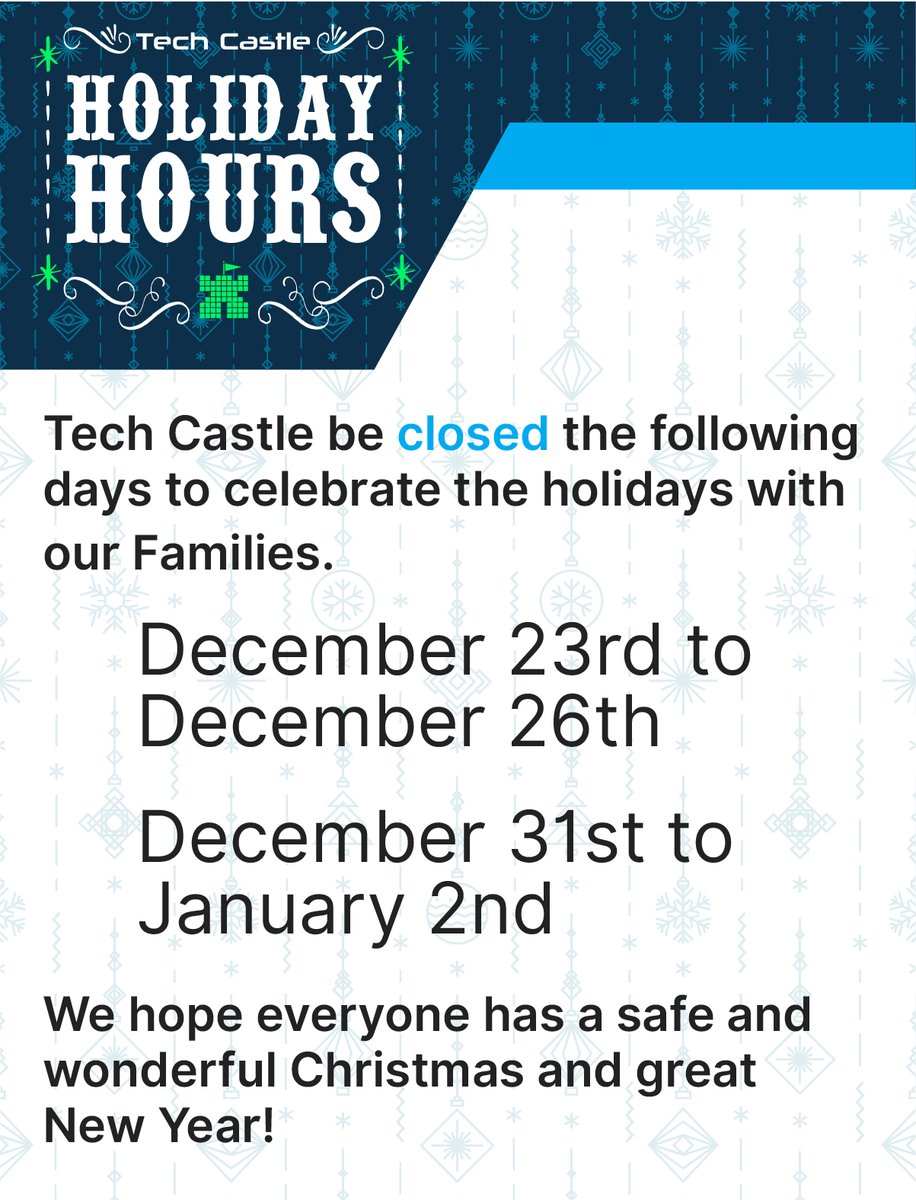TechCastleKY's tweet photo. Tech Castle will be closed 12/31-1/2 to ring in the New Year! We are looking forward to helping with all your electronic needs in 2023! https://t.co/wQZocgTAtA