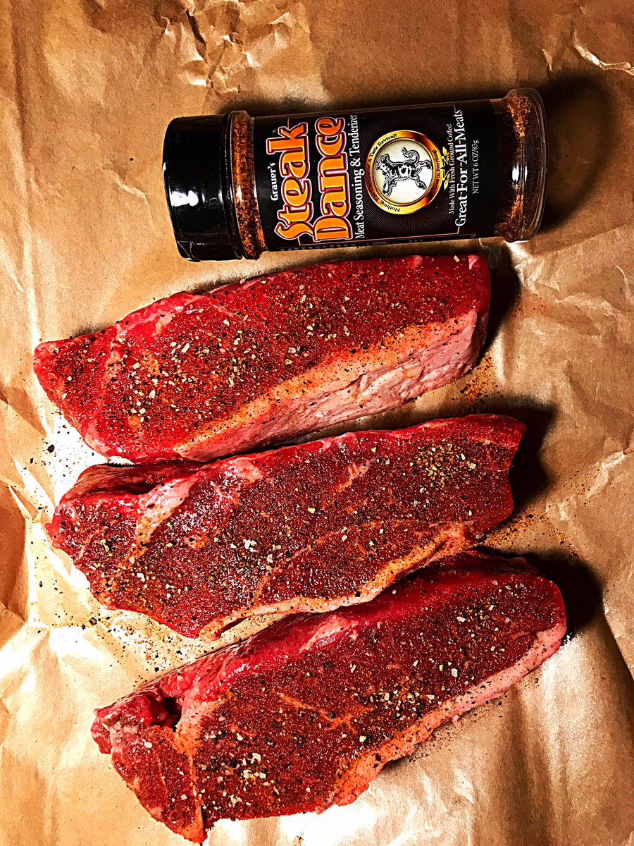 KimTbone's tweet photo. It’s meat Friday, last one of the year. These were delicious New York strips from last night. Got these at The Fresh Market. Seasoned with Steak Dance and Steak Dance Black Ice. Seared in cast iron and then finished in the oven. Delicious! #MeatFriday #SteakDance #Grill #Bake https://t.co/NXLYlm8r9c