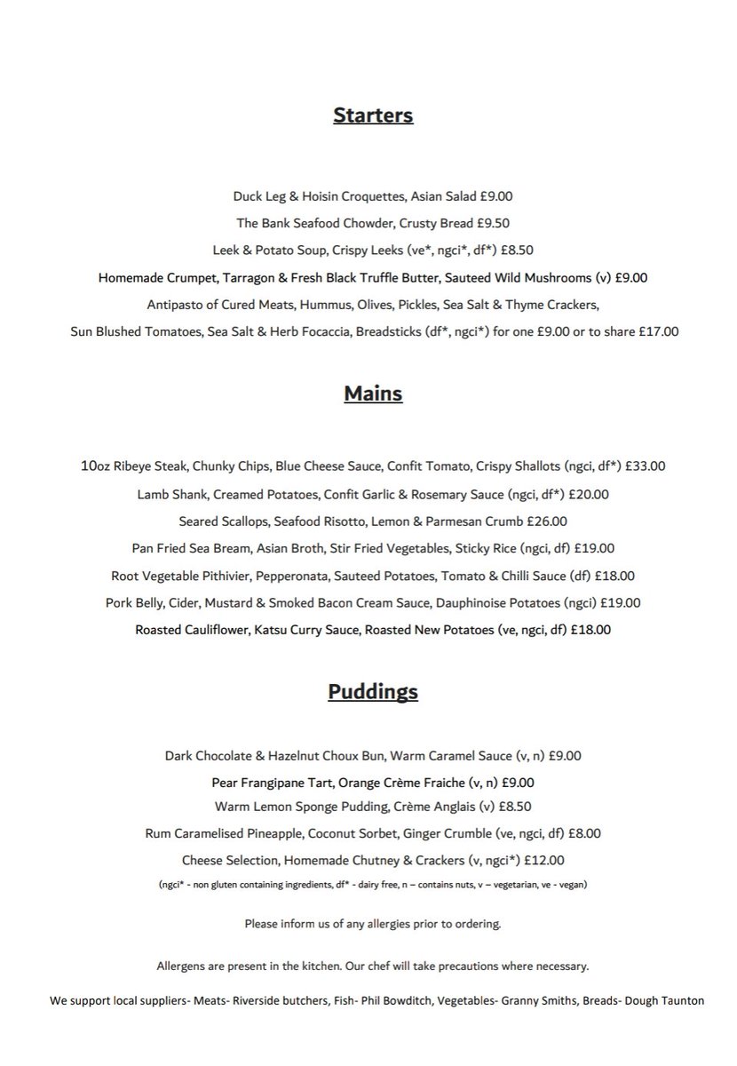 TheHankridge's tweet photo. Here is our January menu

We reopen after New Year's Eve from Wednesday 4th January at 5pm (bar) 6pm (kitchen)

Bookings are now being taken and we look forward to seeing you all again soon

📞01823 257788
Or
Email
thebanktaunton@gmail.com https://t.co/ErudOkg3bu